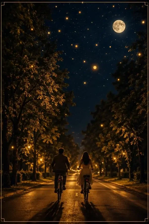 甜宠短剧《月亮下的邮差》海报，月夜海边骑车的两人