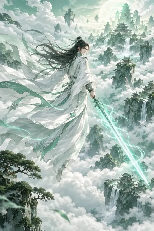 仙侠短剧《万剑之上》海报，白衣剑客立于云海剑阵