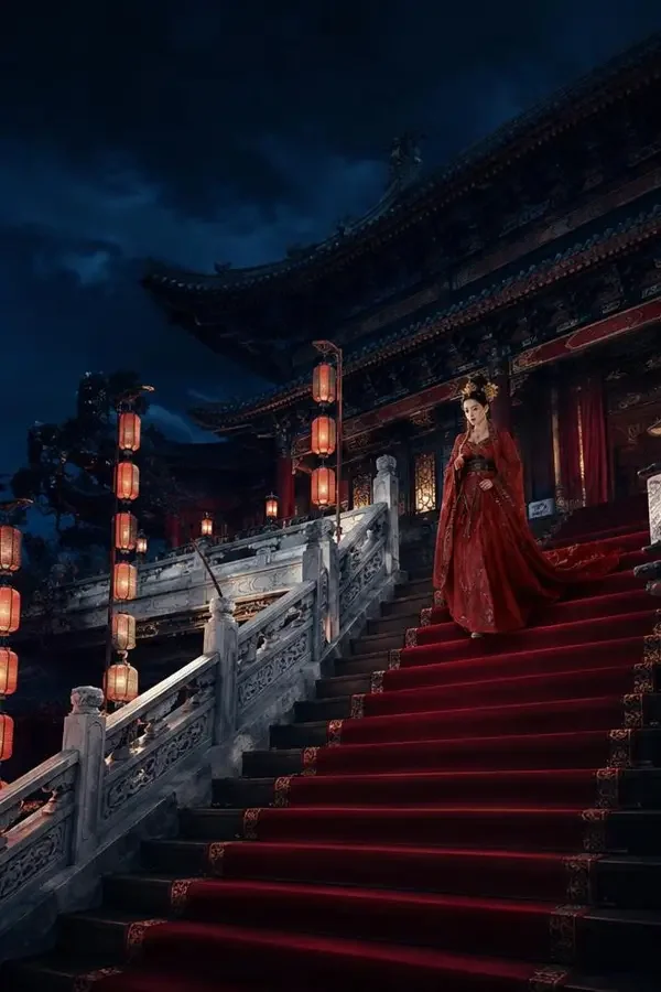 古装宫斗短剧《贵妃一笑倾城》海报，红衣贵妃立于夜宴宫殿中