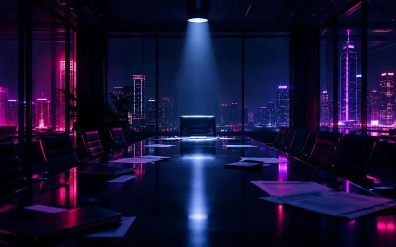追剧专题《打脸时刻合集》头图，夜色会议室中的聚光灯
